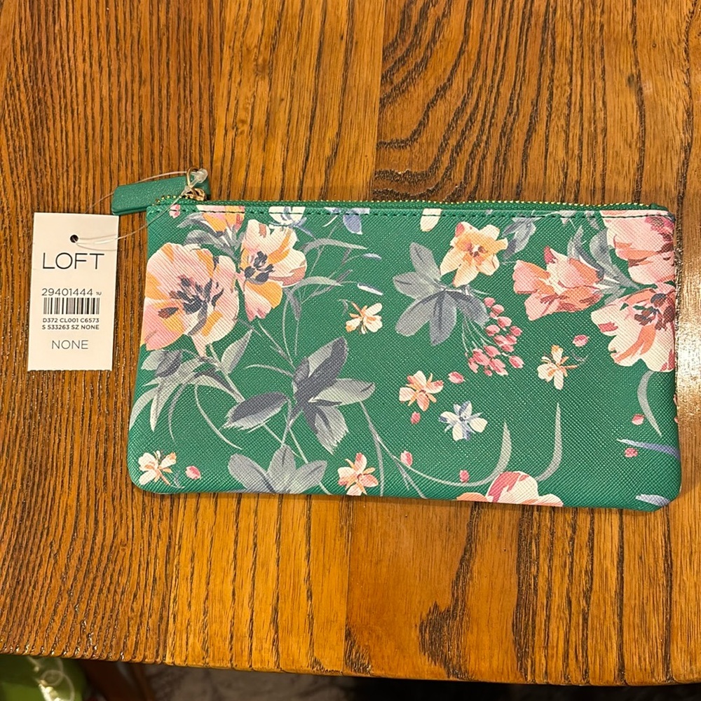 LOFT Sunglasses Case Pouch Zip Cosmetic Emerald Green Floral Faux Leather